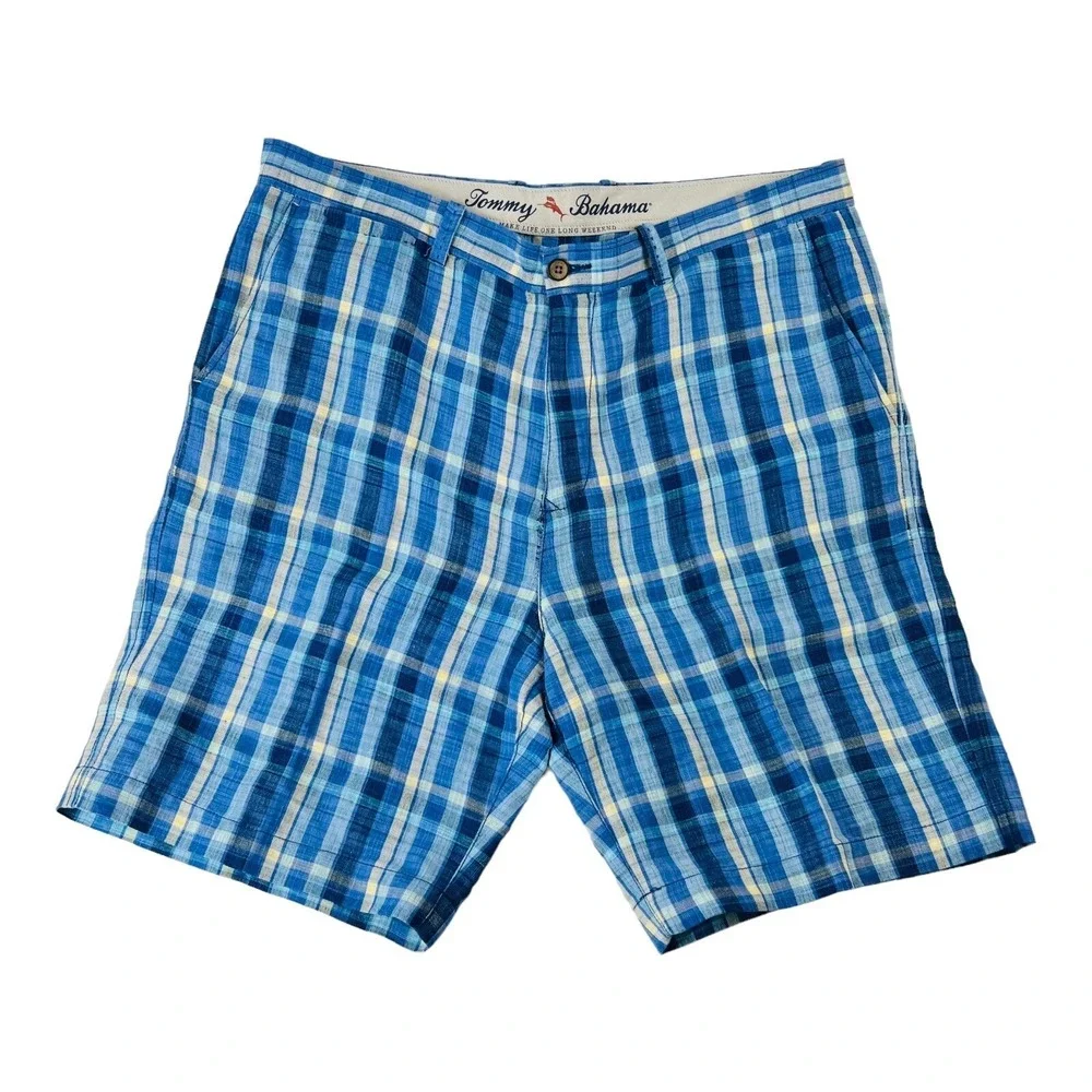 Tommy Bahama Blue & Yellow‎ Plaid Linen Tencel Lyocell Shorts Mens Size 38X9